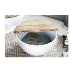 Table basse TRIANE ronde 60cm blanche et bois clair avec plateau ouvert