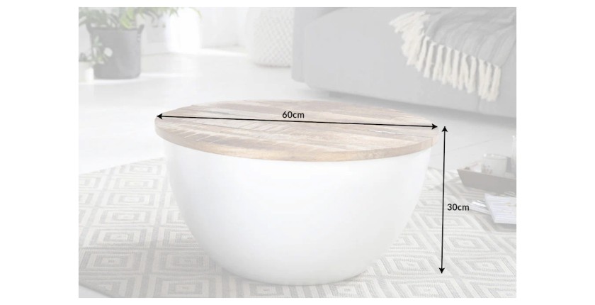 Table basse TRIANE ronde 60cm blanche et bois clair dimensions
