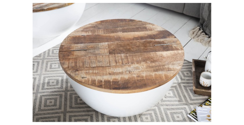 Table basse TRIANE ronde 60cm blanche et bois clair vue de haut