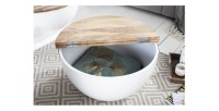 Table basse TRIANE blanche et bois ronde 70cm avec plateau ouvert