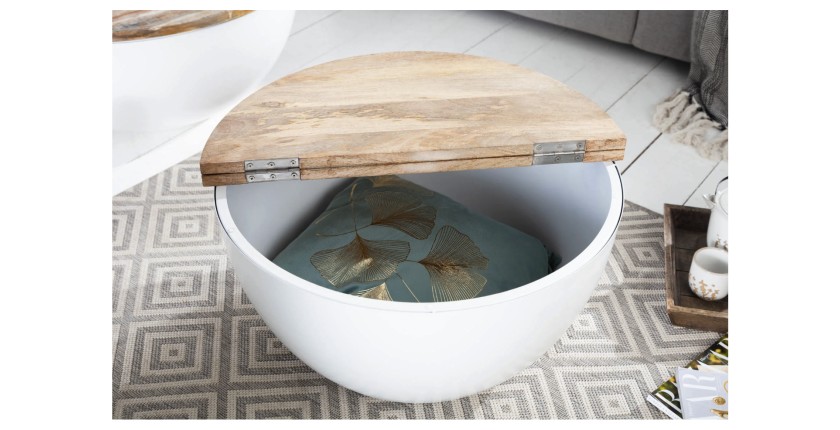 Table basse TRIANE blanche et bois ronde 70cm avec plateau ouvert