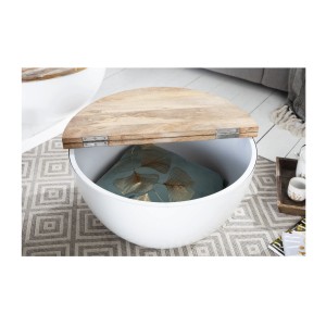 Table basse TRIANE blanche et bois ronde 70cm avec plateau ouvert