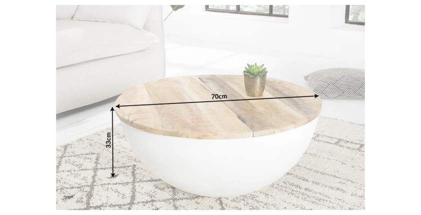 Table basse TRIANE blanche et bois ronde 70cm dimensions