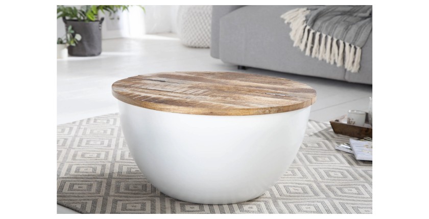 Table basse TRIANE blanche et bois ronde 70cm mise en situation