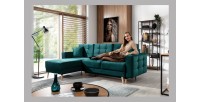 Canapé d’angle convertible HASGARD 3 places vert foncé 248x162 cm – coffre et pieds bois