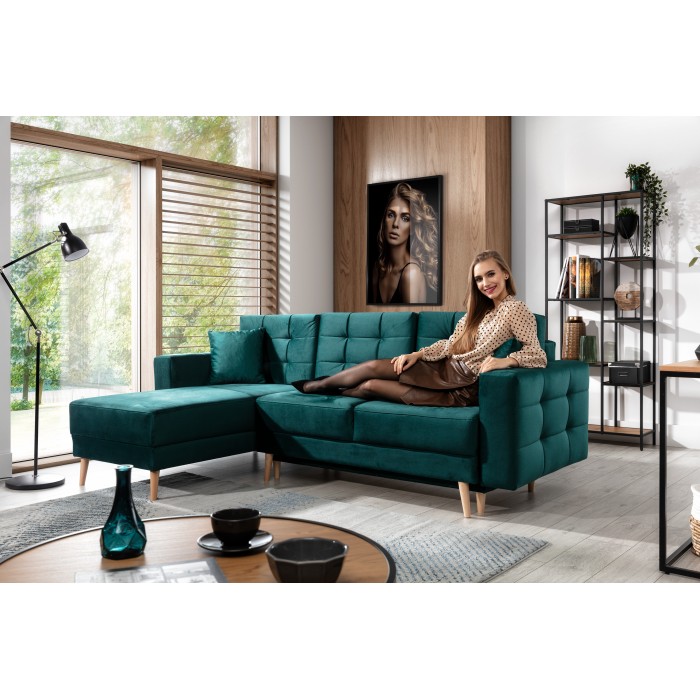 Canapé d’angle convertible HASGARD 3 places vert foncé 248x162 cm – coffre et pieds bois