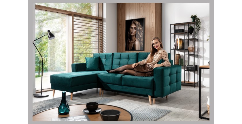 Canapé d’angle convertible HASGARD 3 places vert foncé 248x162 cm – coffre et pieds bois