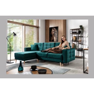 Canapé d’angle convertible HASGARD 3 places vert foncé 248x162 cm – coffre et pieds bois