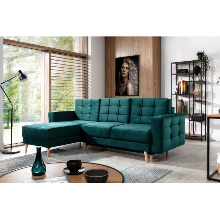 Canapé d’angle convertible HASGARD 3 places vert foncé 248x162 cm – coffre et pieds bois