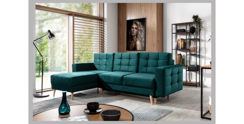 Canapé d’angle convertible HASGARD 3 places vert foncé 248x162 cm – coffre et pieds bois