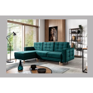 Canapé d’angle convertible HASGARD 3 places vert foncé 248x162 cm – coffre et pieds bois
