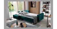 Canapé d’angle convertible HASGARD 3 places vert foncé 248x162 cm – coffre et pieds bois