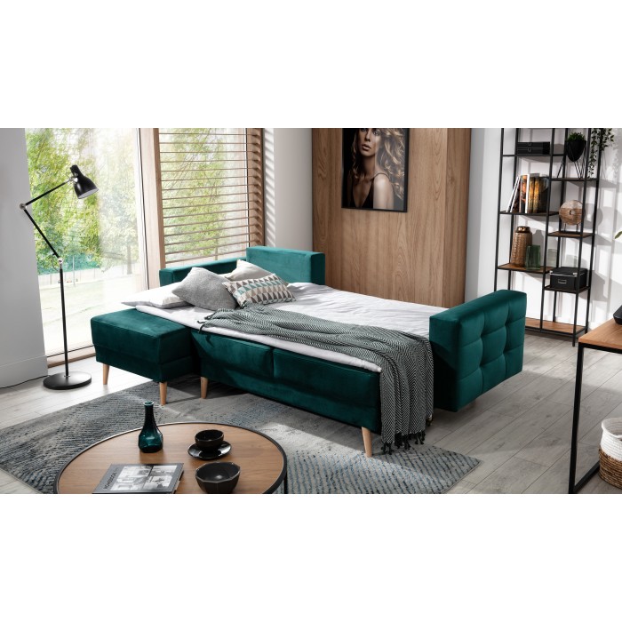 Canapé d’angle convertible HASGARD 3 places vert foncé 248x162 cm – coffre et pieds bois