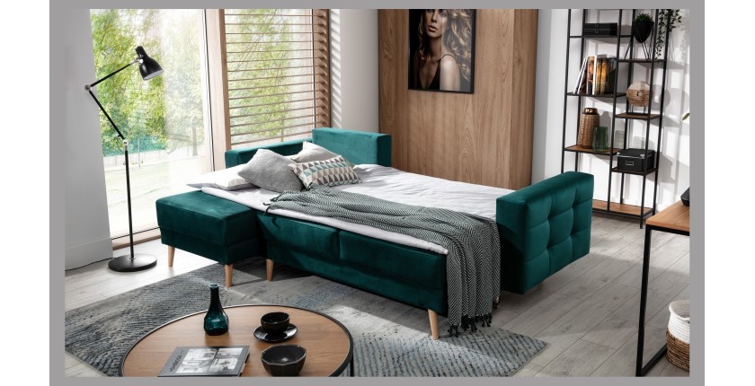 Canapé d’angle convertible HASGARD 3 places vert foncé 248x162 cm – coffre et pieds bois