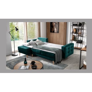 Canapé d’angle convertible HASGARD 3 places vert foncé 248x162 cm – coffre et pieds bois