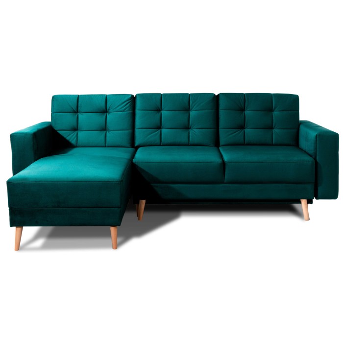 Canapé d’angle convertible HASGARD 3 places vert foncé 248x162 cm – coffre et pieds bois