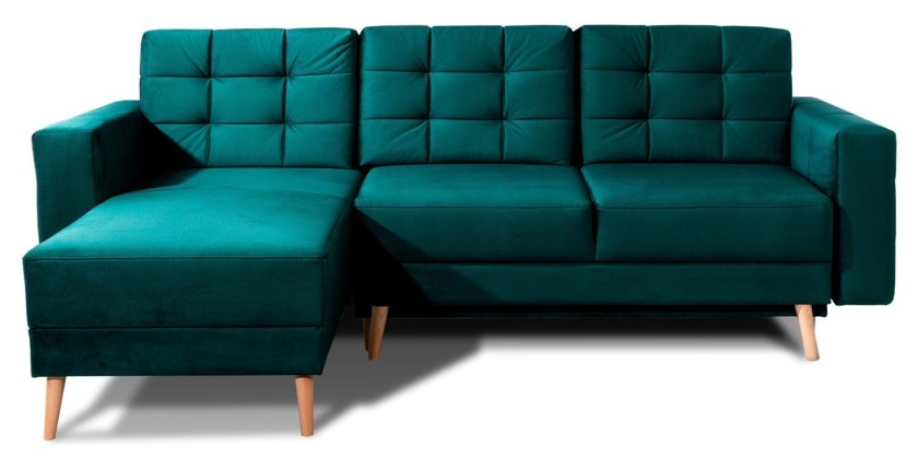 Canapé d’angle convertible HASGARD 3 places vert foncé 248x162 cm – coffre et pieds bois