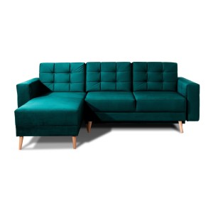 Canapé d’angle convertible HASGARD 3 places vert foncé 248x162 cm – coffre et pieds bois