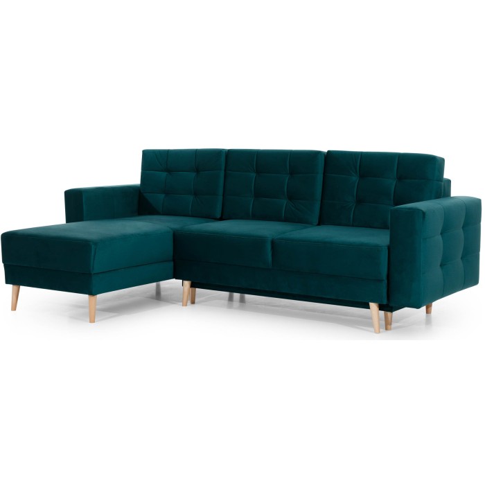 Canapé d’angle convertible HASGARD 3 places vert foncé 248x162 cm – coffre et pieds bois