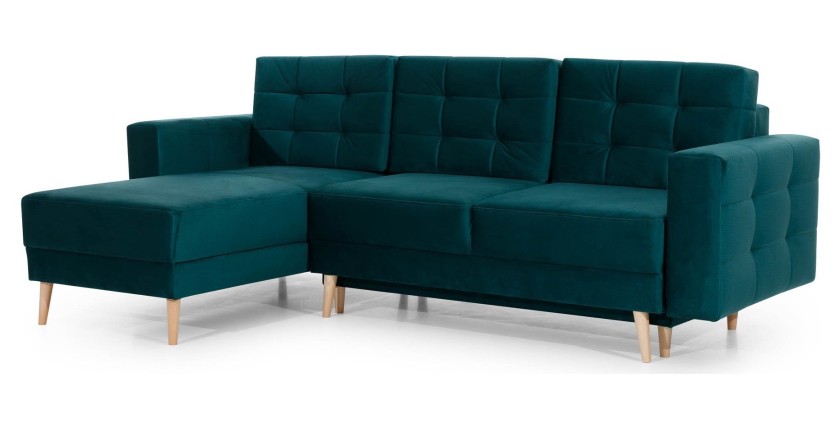 Canapé d’angle convertible HASGARD 3 places vert foncé 248x162 cm – coffre et pieds bois