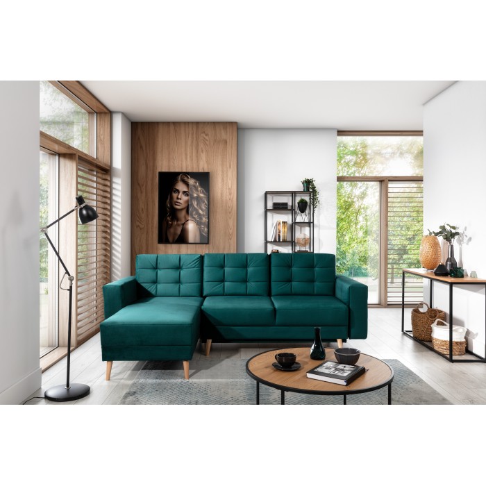 Canapé d’angle convertible HASGARD 3 places vert foncé 248x162 cm – coffre et pieds bois