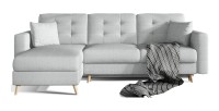 Canapé d’angle convertible HASGARD 3 places gris 248x162 cm – coffre et pieds bois