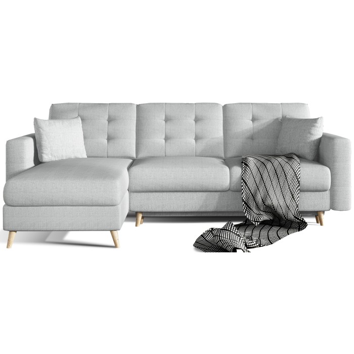 Canapé d’angle convertible HASGARD 3 places gris 248x162 cm – coffre et pieds bois