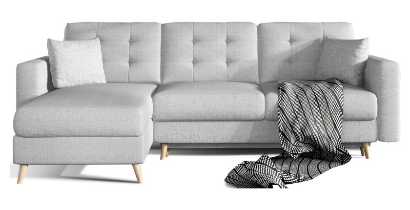 Canapé d’angle convertible HASGARD 3 places gris 248x162 cm – coffre et pieds bois