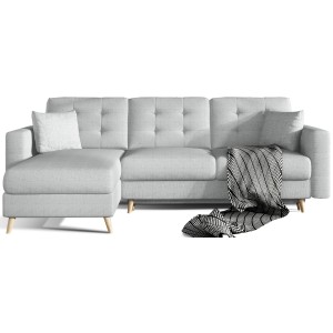 Canapé d’angle convertible HASGARD 3 places gris 248x162 cm – coffre et pieds bois