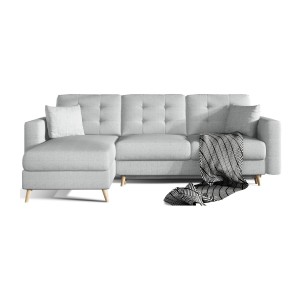 Canapé d’angle convertible HASGARD 3 places gris 248x162 cm – coffre et pieds bois