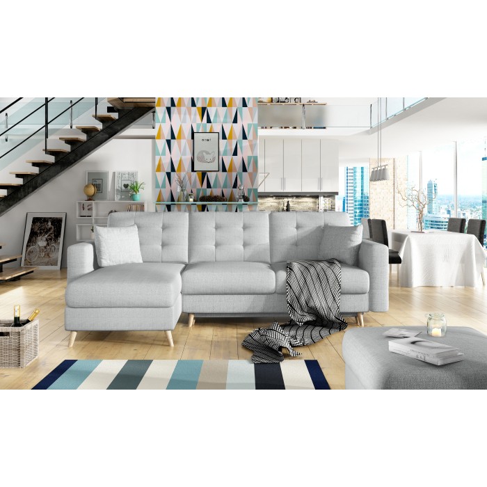 Canapé d’angle convertible HASGARD 3 places gris 248x162 cm – coffre et pieds bois