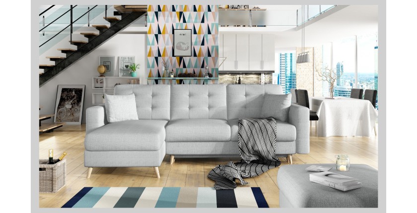Canapé d’angle convertible HASGARD 3 places gris 248x162 cm – coffre et pieds bois