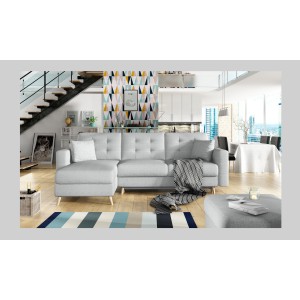 Canapé d’angle convertible HASGARD 3 places gris 248x162 cm – coffre et pieds bois