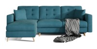 Canapé d’angle convertible HASGARD 3 places bleu 248x162 cm – coffre et pieds bois
