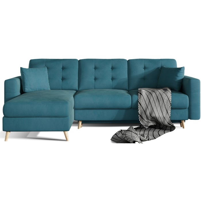Canapé d’angle convertible HASGARD 3 places bleu 248x162 cm – coffre et pieds bois