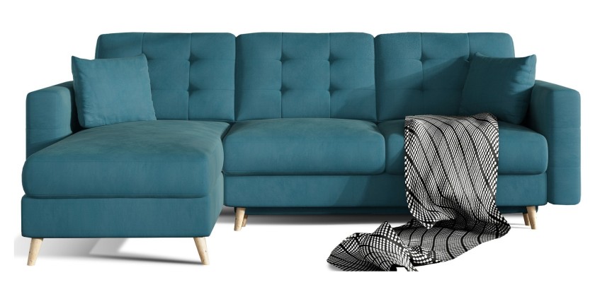 Canapé d’angle convertible HASGARD 3 places bleu 248x162 cm – coffre et pieds bois