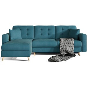 Canapé d’angle convertible HASGARD 3 places bleu 248x162 cm – coffre et pieds bois