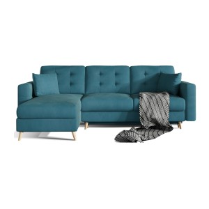 Canapé d’angle convertible HASGARD 3 places bleu 248x162 cm – coffre et pieds bois
