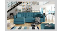 Canapé d’angle convertible HASGARD 3 places bleu 248x162 cm – coffre et pieds bois