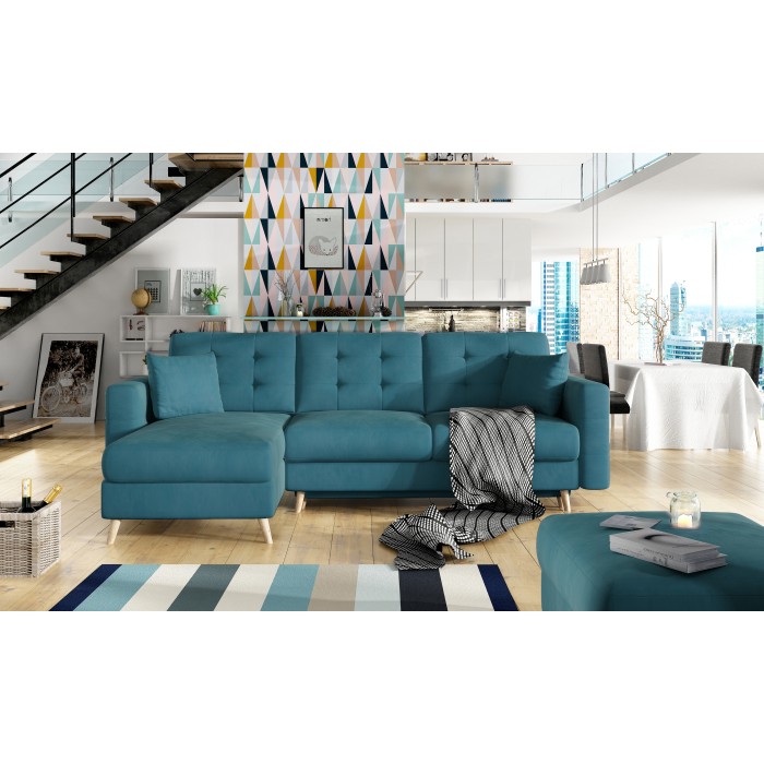 Canapé d’angle convertible HASGARD 3 places bleu 248x162 cm – coffre et pieds bois