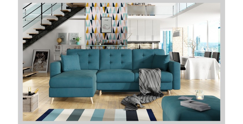 Canapé d’angle convertible HASGARD 3 places bleu 248x162 cm – coffre et pieds bois