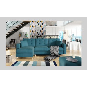 Canapé d’angle convertible HASGARD 3 places bleu 248x162 cm – coffre et pieds bois