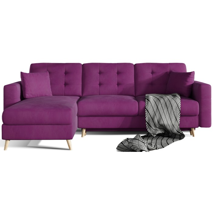 Canapé d’angle convertible HASGARD 3 places violet 248x162 cm – coffre et pieds bois