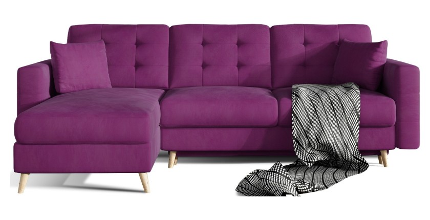 Canapé d’angle convertible HASGARD 3 places violet 248x162 cm – coffre et pieds bois
