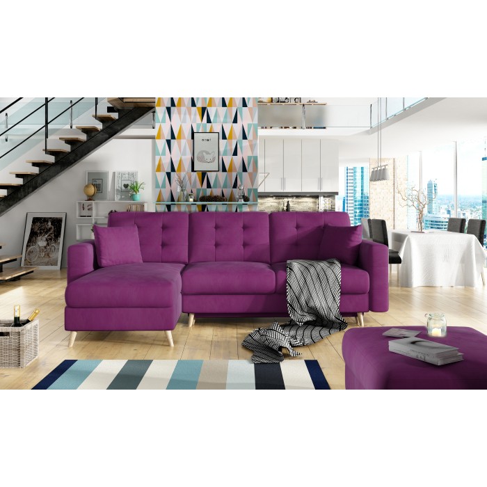Canapé d’angle convertible HASGARD 3 places violet 248x162 cm – coffre et pieds bois