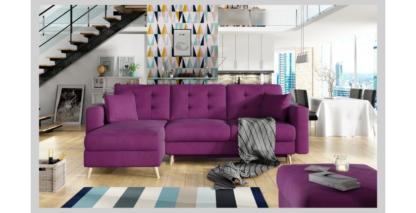 Canapé d’angle convertible HASGARD 3 places violet 248x162 cm – coffre et pieds bois
