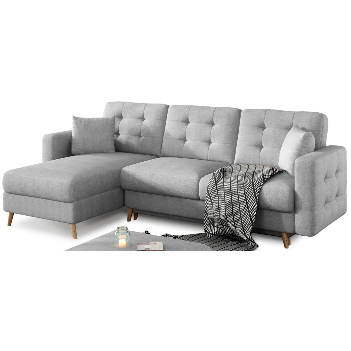 Canapé d’angle convertible HASGARD 3 places gris 248x162 cm – coffre et pieds bois
