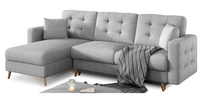 Canapé d’angle convertible HASGARD 3 places gris 248x162 cm – coffre et pieds bois