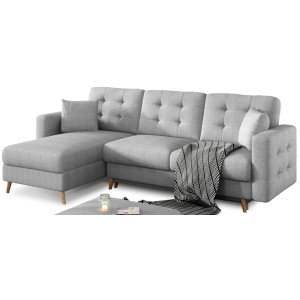 Canapé d’angle convertible HASGARD 3 places gris 248x162 cm – coffre et pieds bois