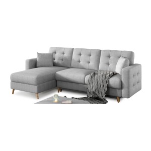 Canapé d’angle convertible HASGARD 3 places gris 248x162 cm – coffre et pieds bois